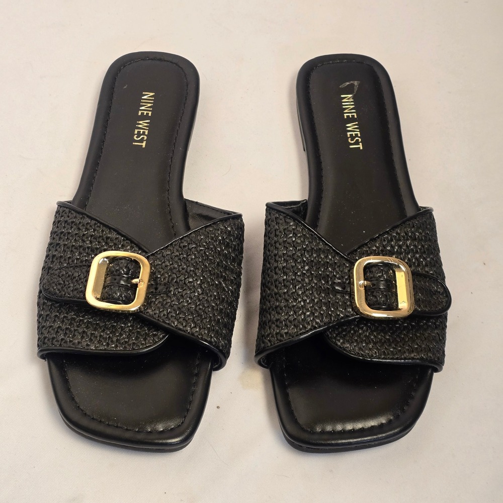 Nine West Women Black Woven Raffia Buckle Slide Sandal Square Toe Flat Size 9.5M
